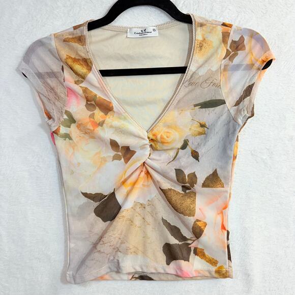 Y2K Rebellious Dreamer XS Babydoll Crop Top V-Neck Floral Girly Coquette Cottage - Picture 2 of 8